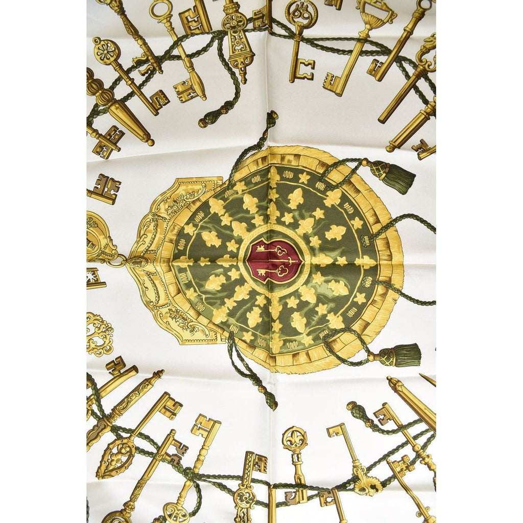Hermes Scarf Carre 90 les Cles Key Pattern Silk Gold White Vintage — view 4