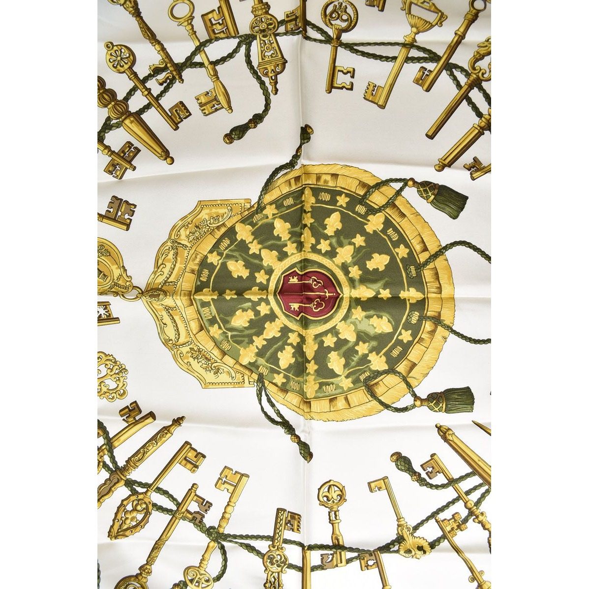 Hermes Scarf Carre 90 les Cles Key Pattern Silk Gold White Vintage — view 4