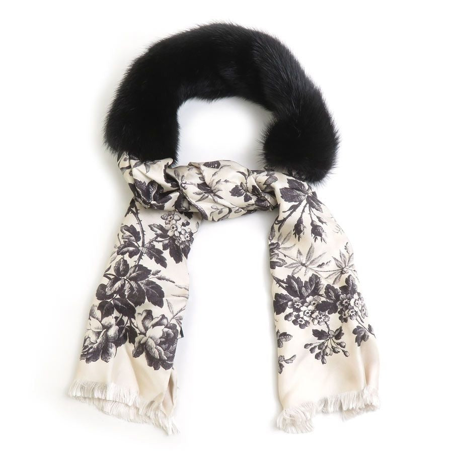 Gucci Scarf Shawl Silk Black Light Beige