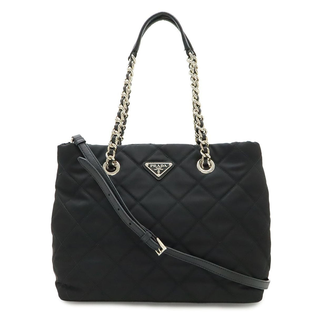 Prada Tessuto Triangle Logo Chain Shoulder Bag 2-Way Quilted Nylon Nero Black