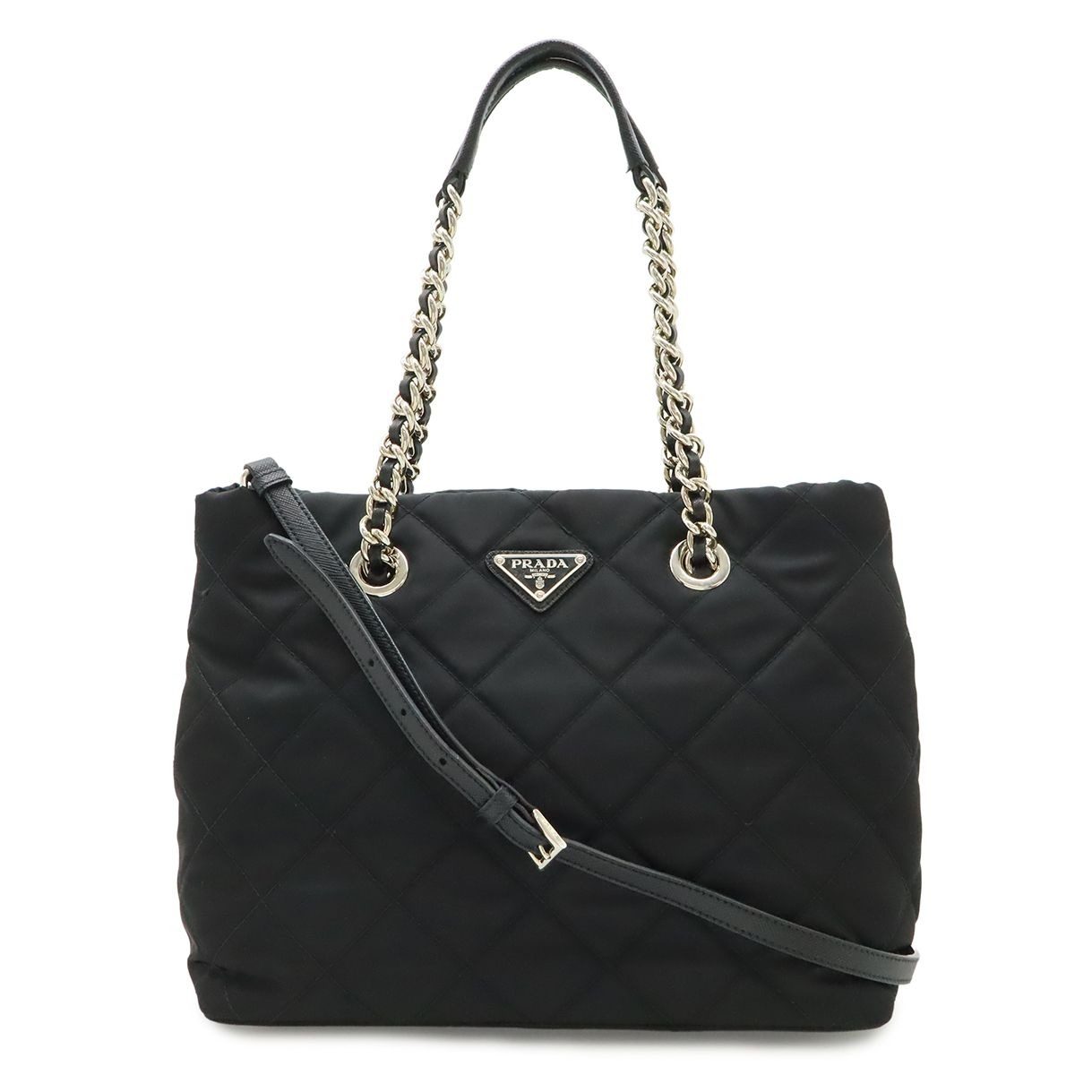 Prada Tessuto Triangle Logo Chain Shoulder Bag 2-Way Quilted Nylon Nero Black