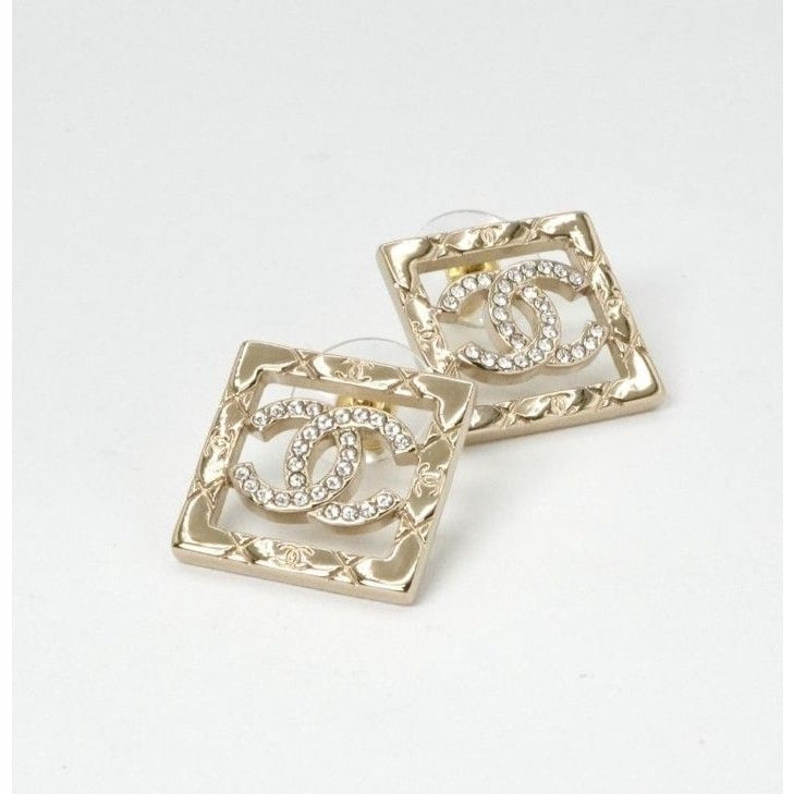 Chanel Earrings Gold Coco Mark Square Quilted Rhinestone