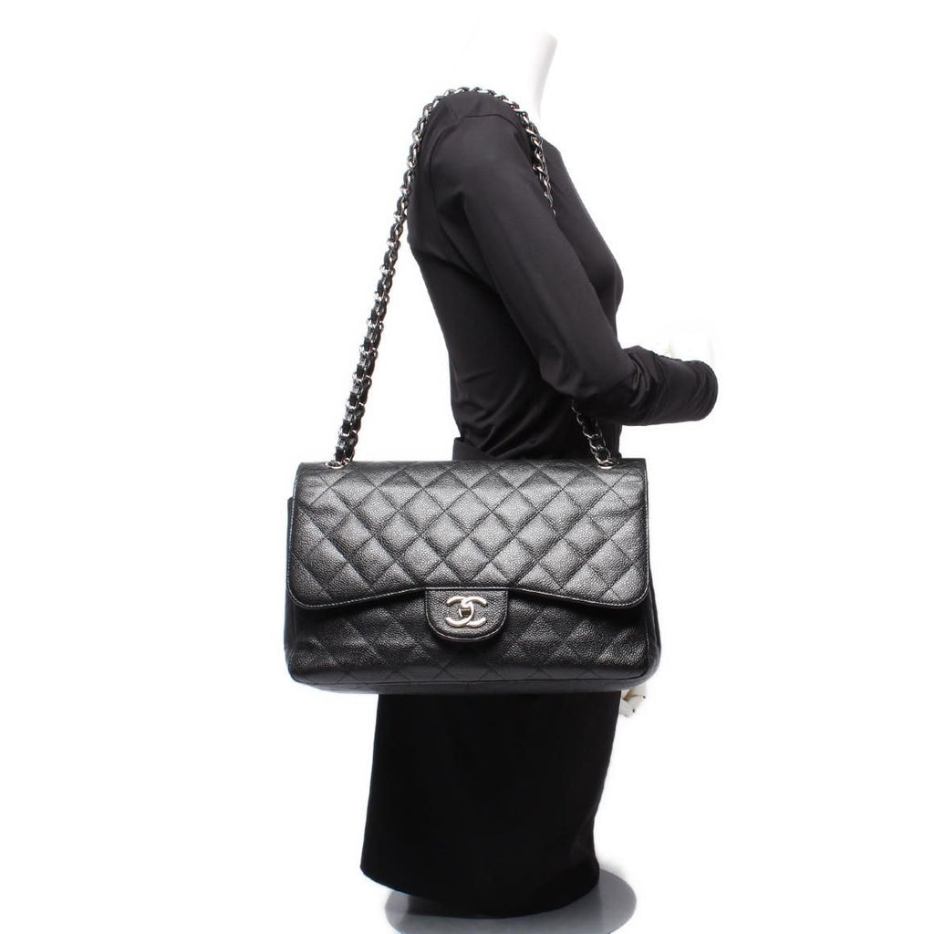 Chanel Chain Shoulder Bag Double Flap Silver Caviar Leather 16 Maxi Quilted 30 — view 9
