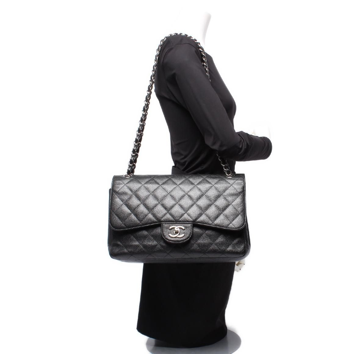Chanel Chain Shoulder Bag Double Flap Silver Caviar Leather 16 Maxi Quilted 30 — view 9