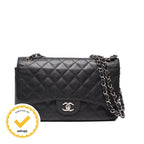 Chanel Chain Shoulder Bag Double Flap Silver Caviar Leather 16 Maxi Quilted 30