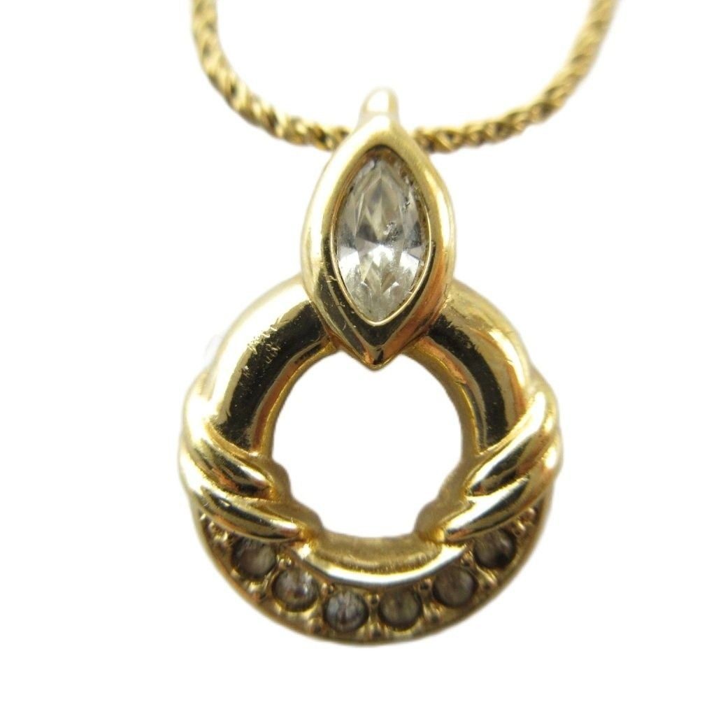 Dior Necklace Pendant Rhinestone Circle Logo Gold