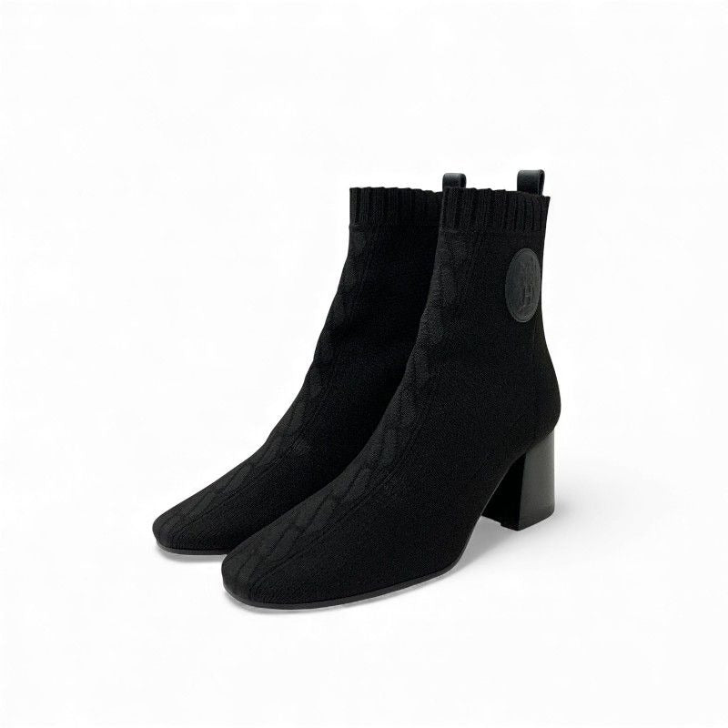 Hermes Voltige Boots Short Shoes Fabric Leather Black Knit