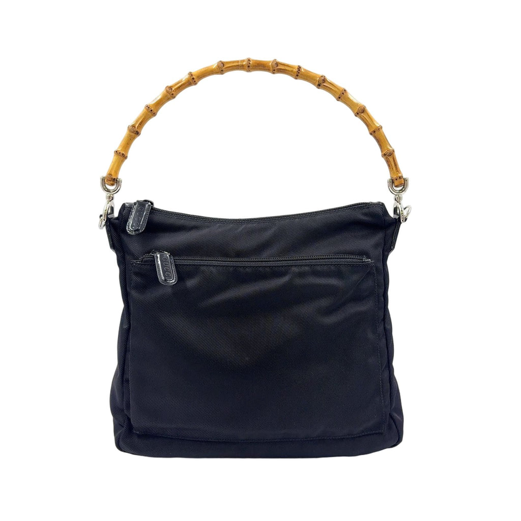 Gucci Bamboo Leather Canvas Black Handbag Silver