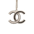 Chanel CC Logo Rhinestone Necklace Silver Black Metal