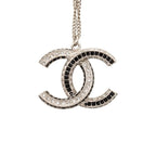 Chanel CC Logo Rhinestone Necklace Silver Black Metal