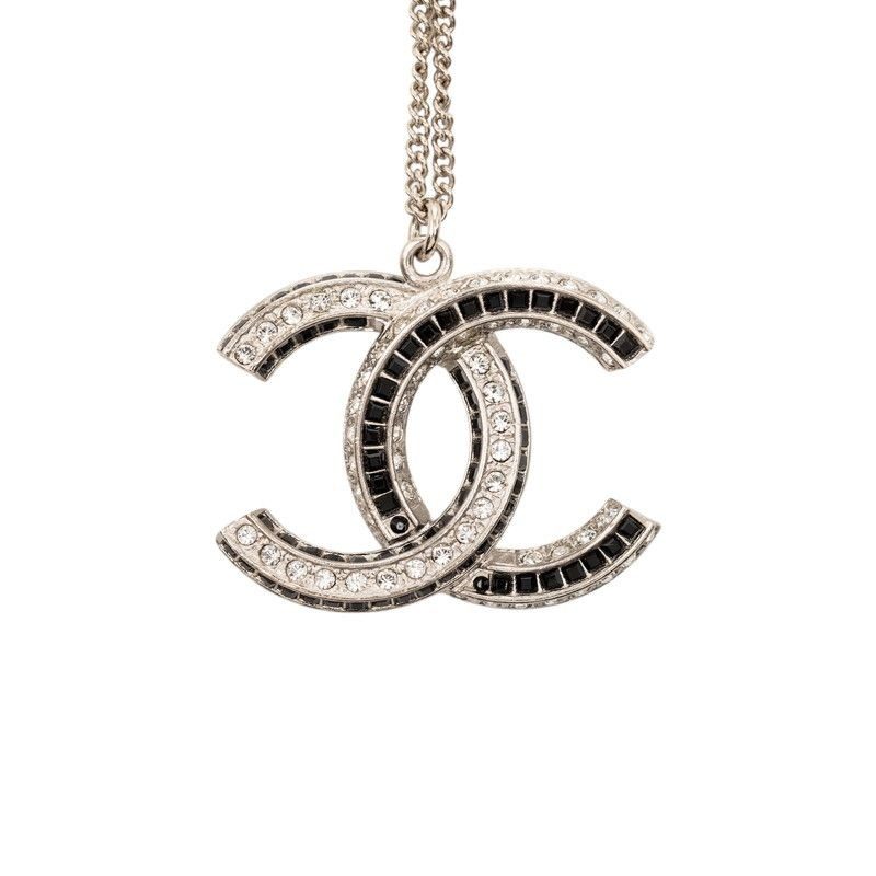 Chanel CC Logo Rhinestone Necklace Silver Black Metal