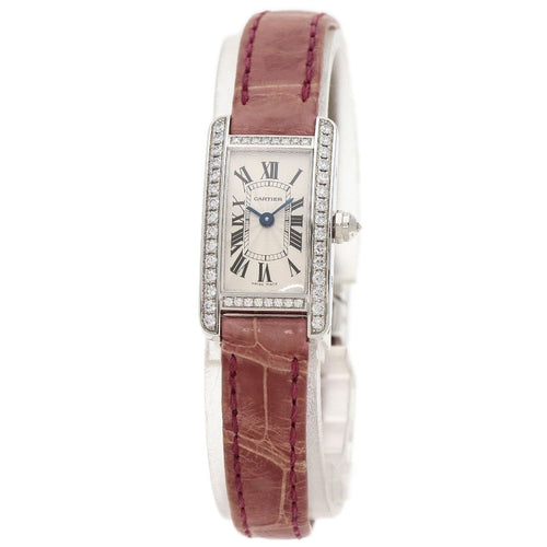 Cartier Mini Tank American Watch 18K White Gold Leather Diamond