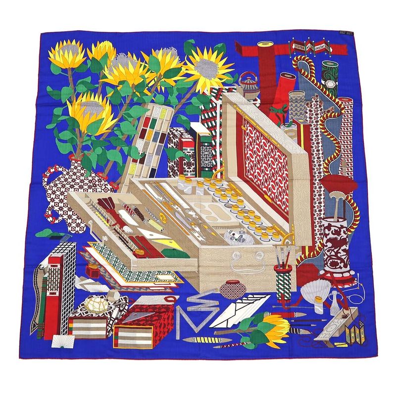 Hermes Carre 140 LES Tresors D UN Artiste Scarf Cashmere Silk Blue — view 2