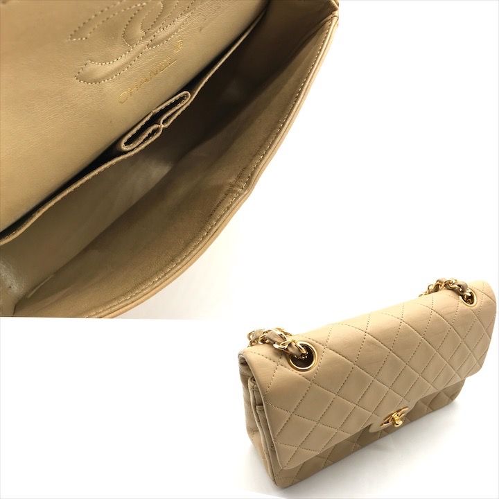 Chanel CC Logo Quilted Double Flap Chain Lambskin Shoulder Bag Beige — view 8