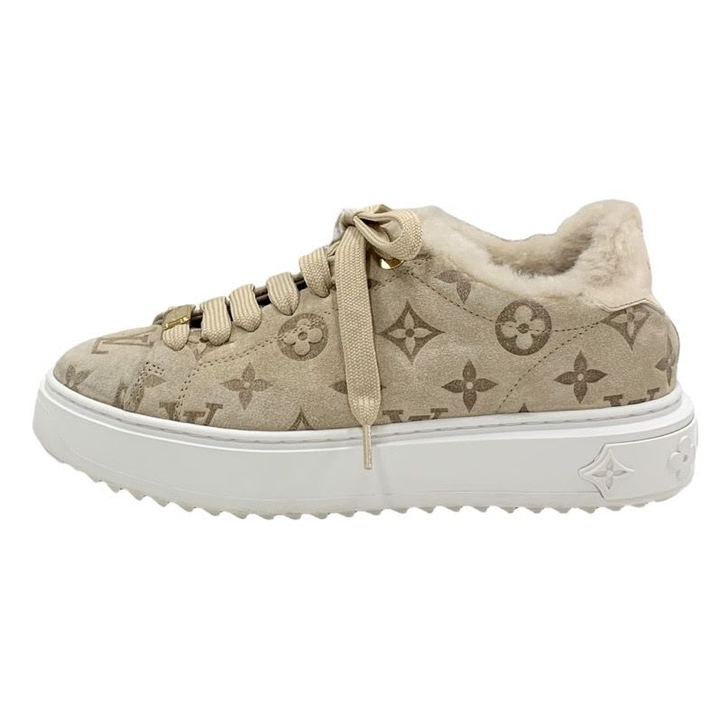 Louis Vuitton Time Out Line Monogram Sneakers Shoes Suede Leather Mouton Beige — view 3