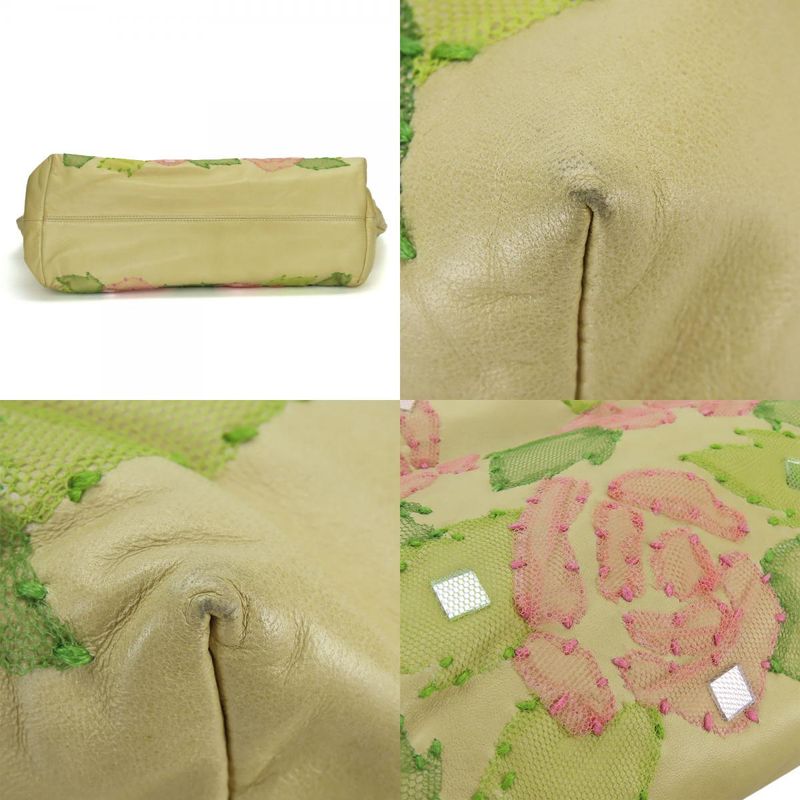 Fendi Tote Roll Bag Leather Beige Pink Green Silver Hardware Shoulder Floral A4 — view 4
