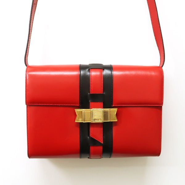 Celine Shoulder Bag Ribbon Hardware Red Black Bicolor Leather — view 3