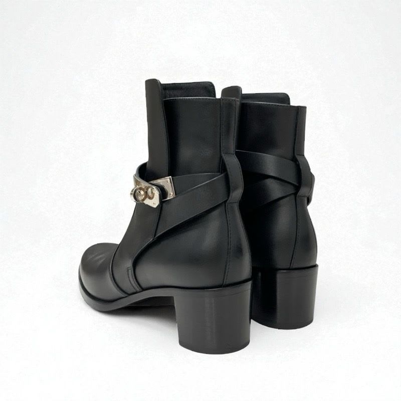 Hermes Frenchie Boots Short Shoes Leather Black Silver Kelly Hardware — view 4