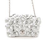 Chanel Quilted 20 Camellia Lambskin Chain Shoulder Bag CC Logo Silver
