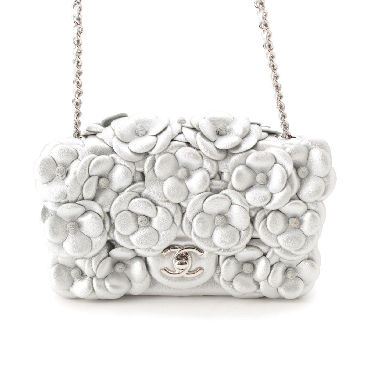 Chanel Quilted 20 Camellia Lambskin Chain Shoulder Bag CC Logo Silver