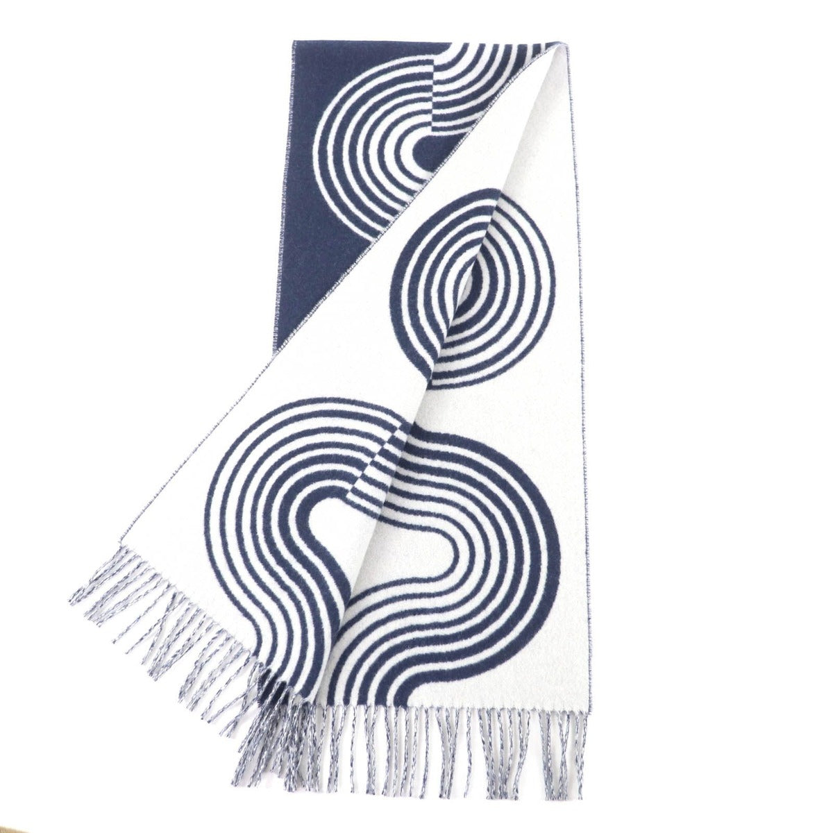 Hermes Kazak Vogue Cashmere Scarf with Fringe Navy White — view 3