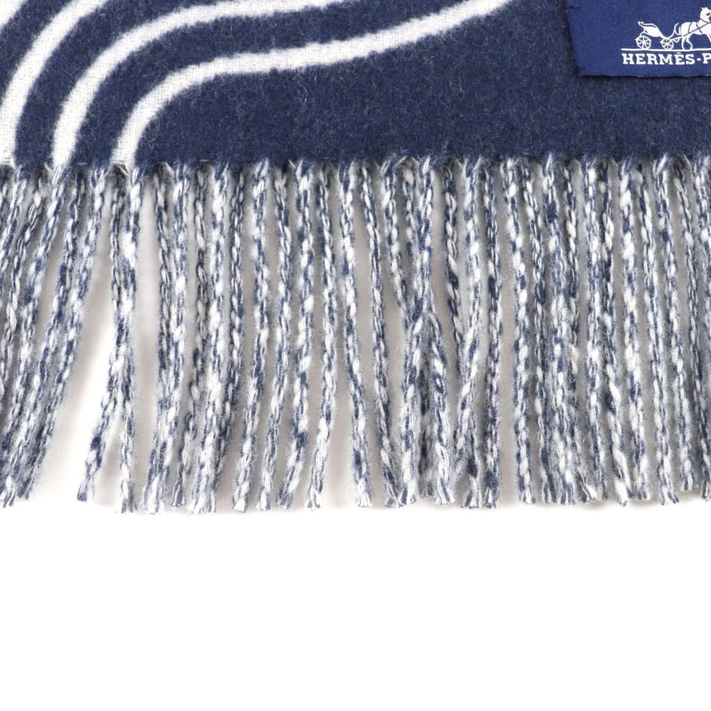 Hermes Kazak Vogue Cashmere Scarf with Fringe Navy White — view 5