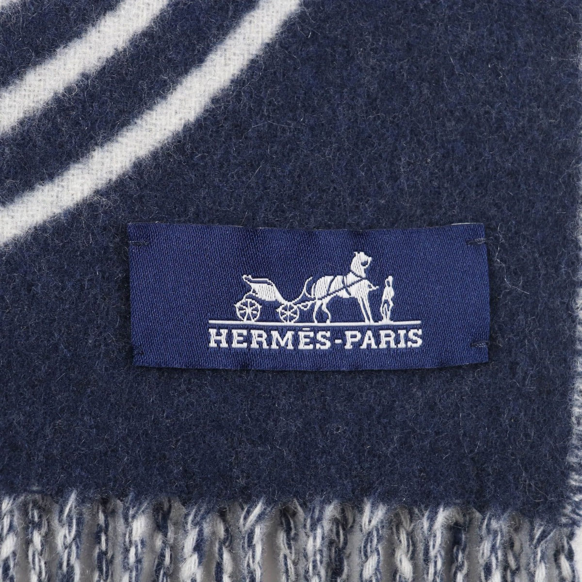 Hermes Kazak Vogue Cashmere Scarf with Fringe Navy White — view 6