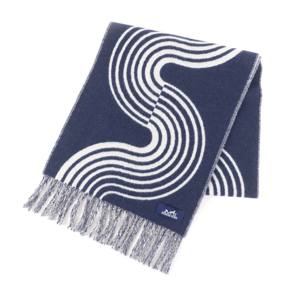Hermes Kazak Vogue Cashmere Scarf with Fringe Navy White