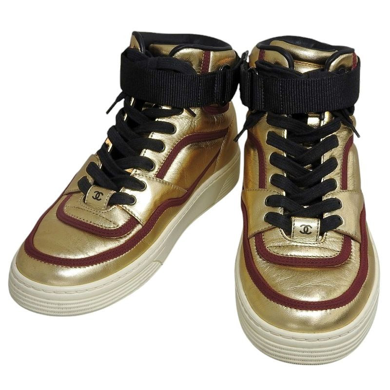 Chanel 2020 Coco Mark Gold Leather High Cut Sneakers Shoes