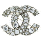 Chanel CC Logo Rhinestone Brooch Pin Badge Silver