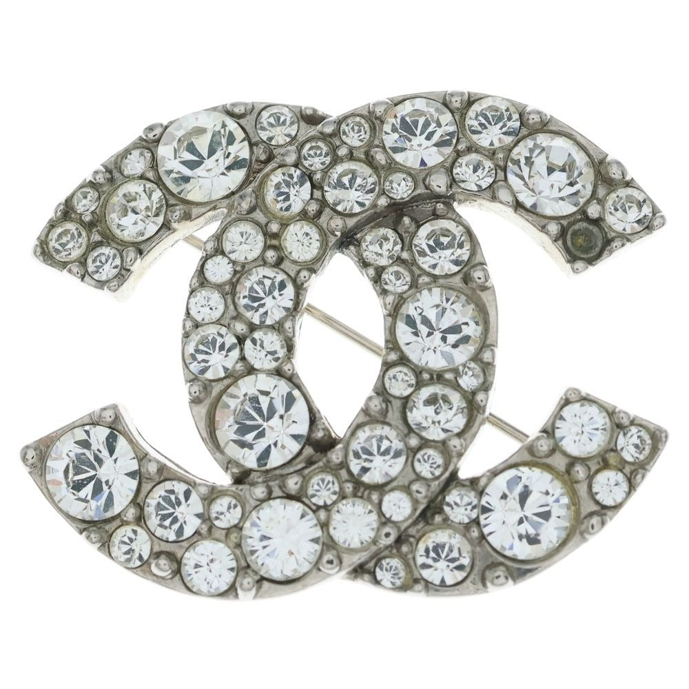 Chanel CC Logo Rhinestone Brooch Pin Badge Silver