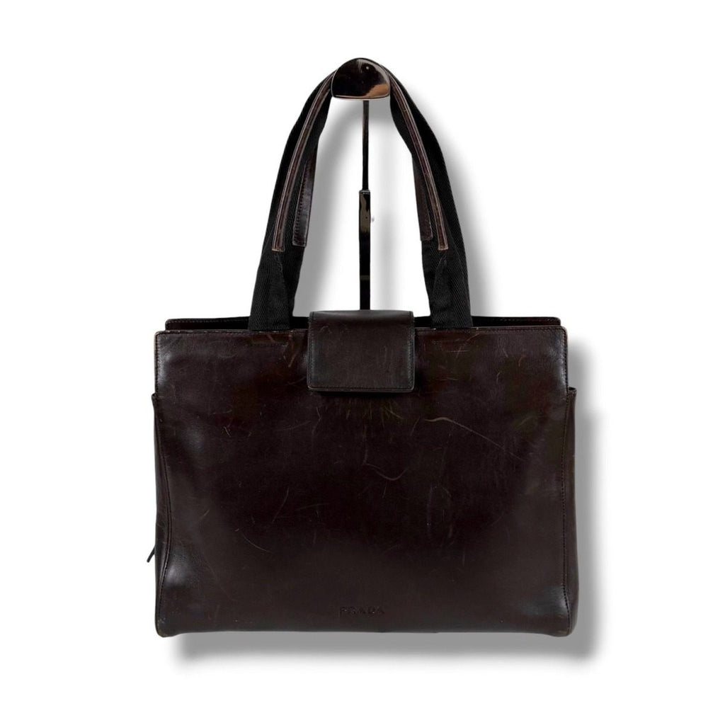 Prada Leather Tote with Pouch Embossed Logo Dark Brown Mini — view 2