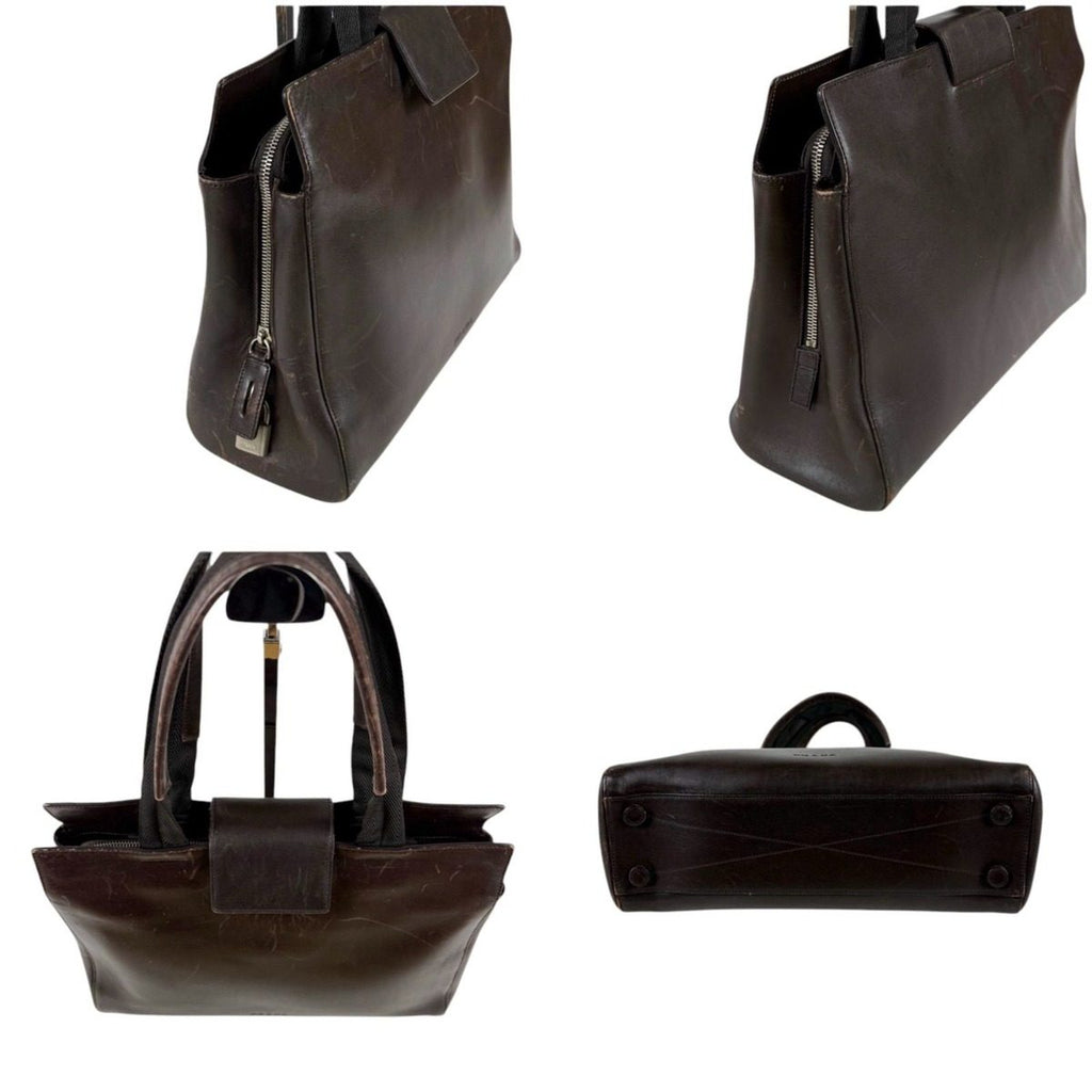 Prada Leather Tote with Pouch Embossed Logo Dark Brown Mini — view 4