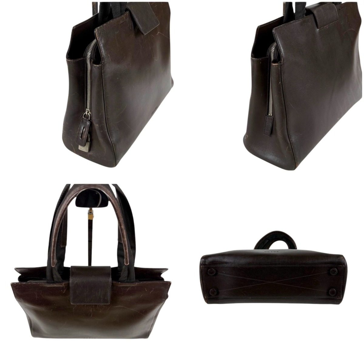 Prada Leather Tote with Pouch Embossed Logo Dark Brown Mini — view 4