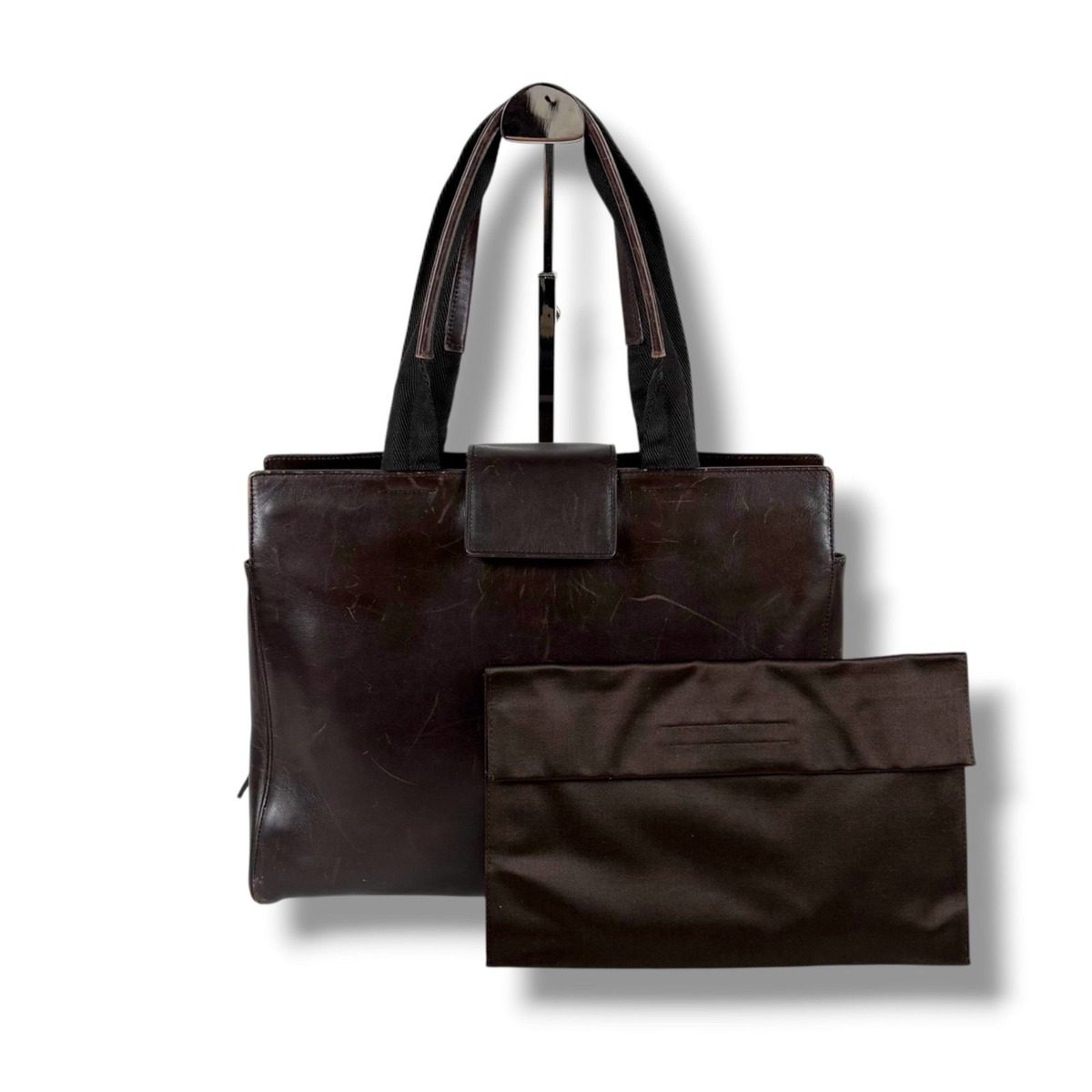 Prada Leather Tote with Pouch Embossed Logo Dark Brown Mini