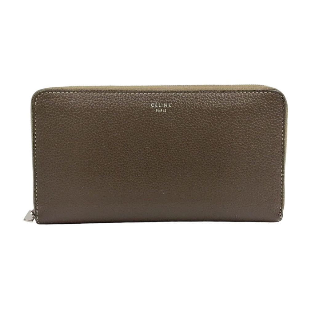 Celine Large Zip Leather Gray Beige Wallet Silver