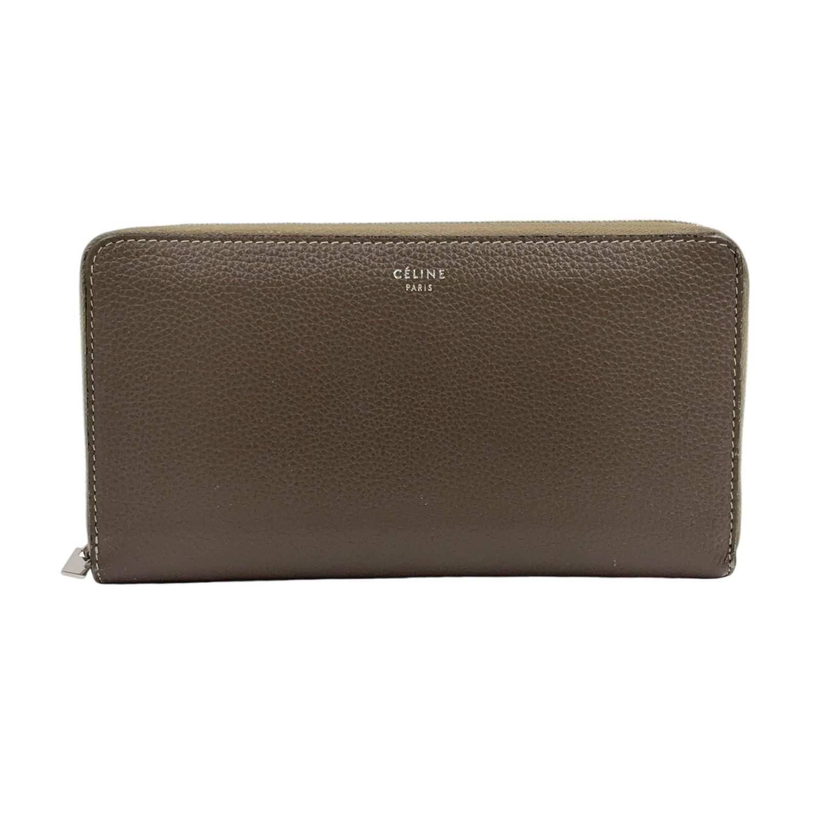 Celine Large Zip Leather Gray Beige Wallet Silver