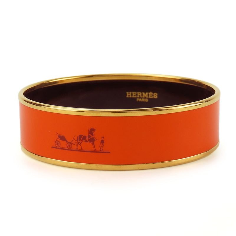 Hermes Bangle Emile GM Metal Cloisonne Orange Carved Gold Hardware Bracelet — view 2