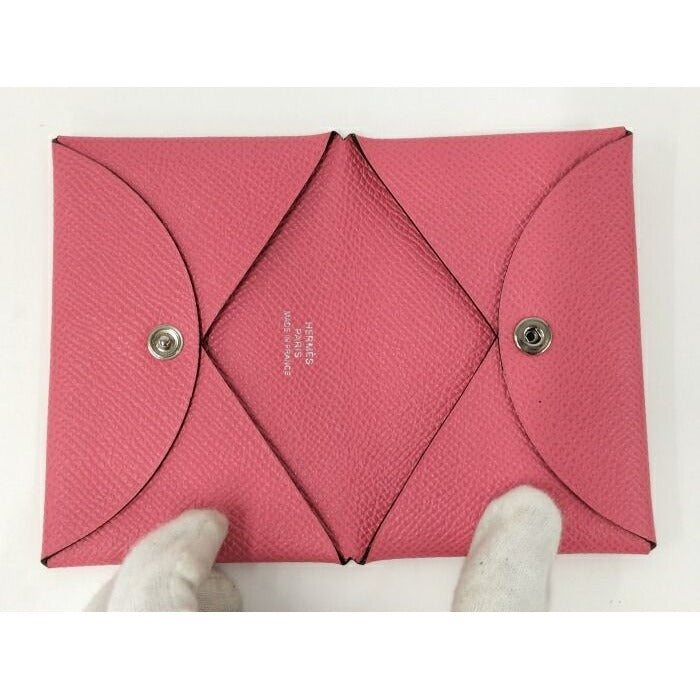 Hermes Calvi Card Case Leather Pink Stamped — view 2