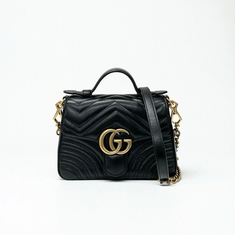 Gucci Bag Shoulder Black Gold GG Marmont Mini Top Handle 2-Way Handbag