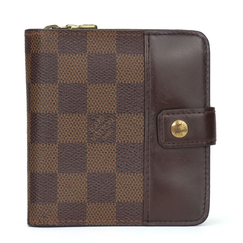 Louis Vuitton Bifold Wallet Compact Zip Damier Ebene Brown Gold Hardware
