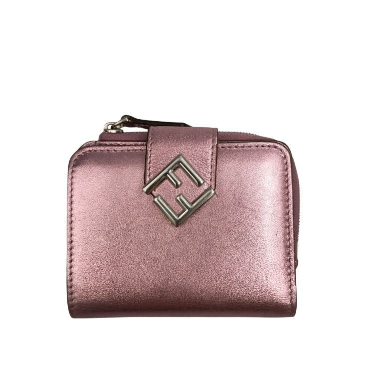 Fendi Bifold Wallet FF Diamond Metallic Pink Leather Silver