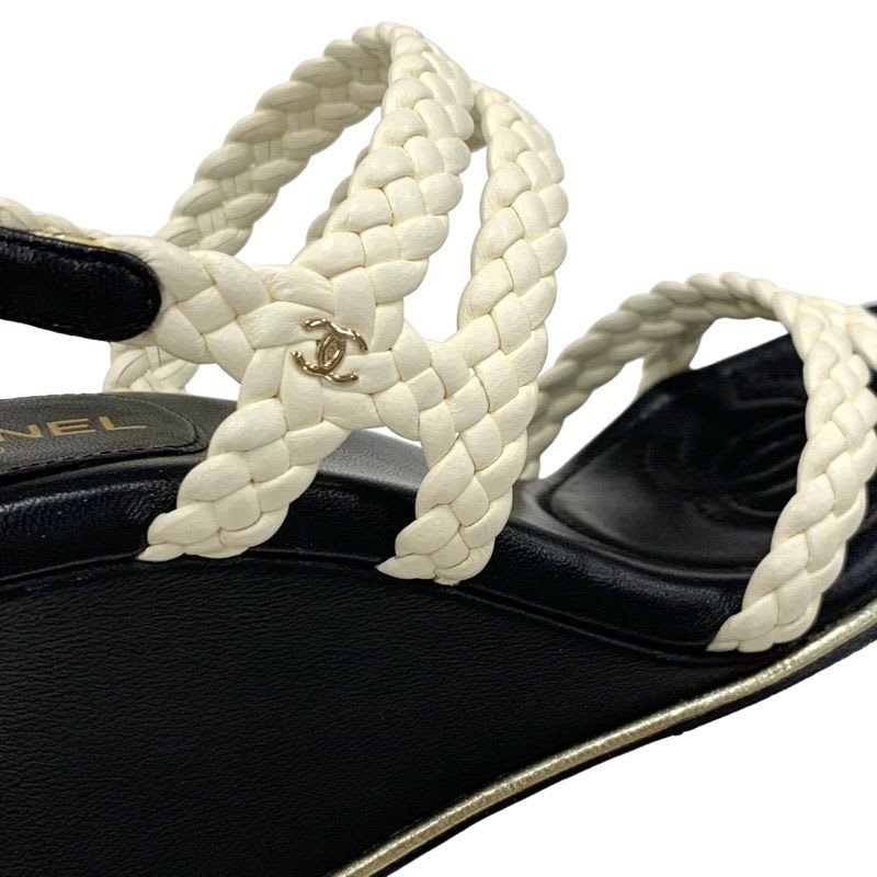 Chanel Sandals Shoes Lambskin White Black Coco Mark Braided Wedge Sole — view 9