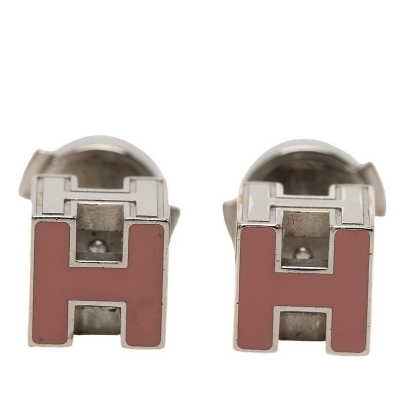 Hermes Cage de Ash Cube Earrings Silver Pink Metal Enamel