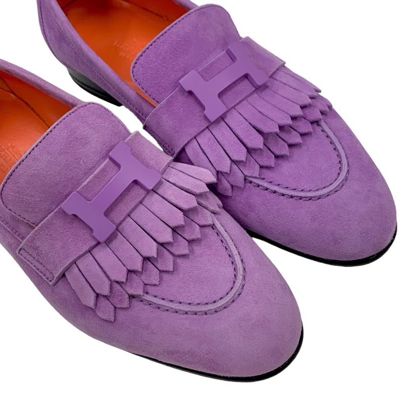 Hermes Royale Loafer Leather Shoes Suede Purple Moccasin Flat Hhardware — view 9