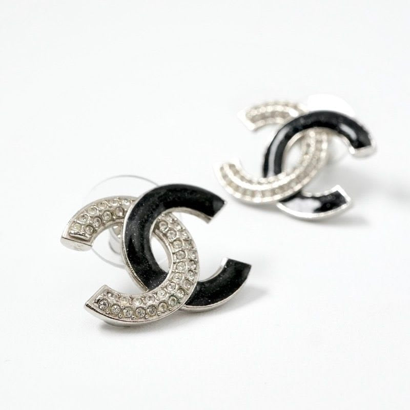 Chanel Earrings Silver Black Coco Mark Rhinestone
