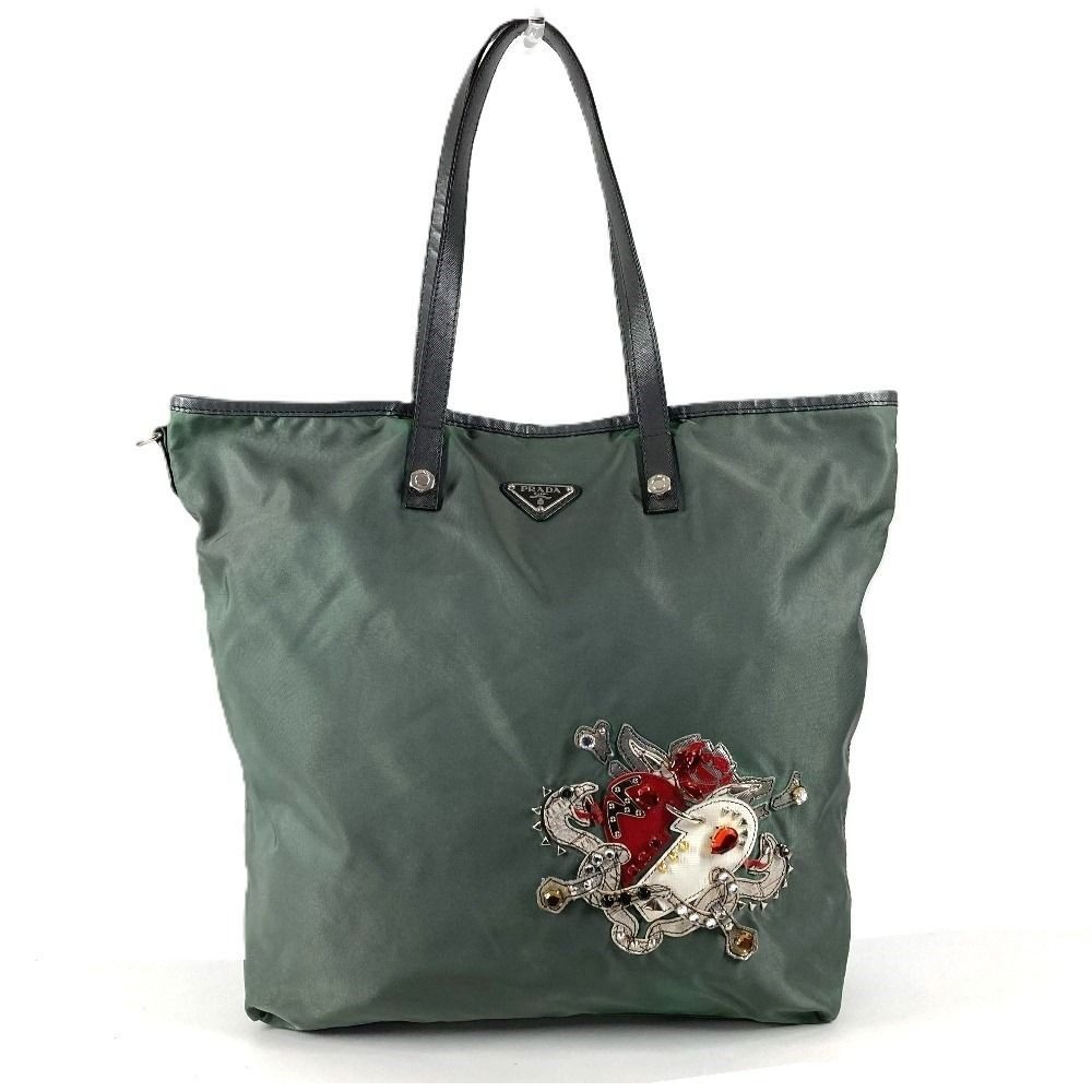 Prada Tote Triangle Logo Leather Nylon Gray