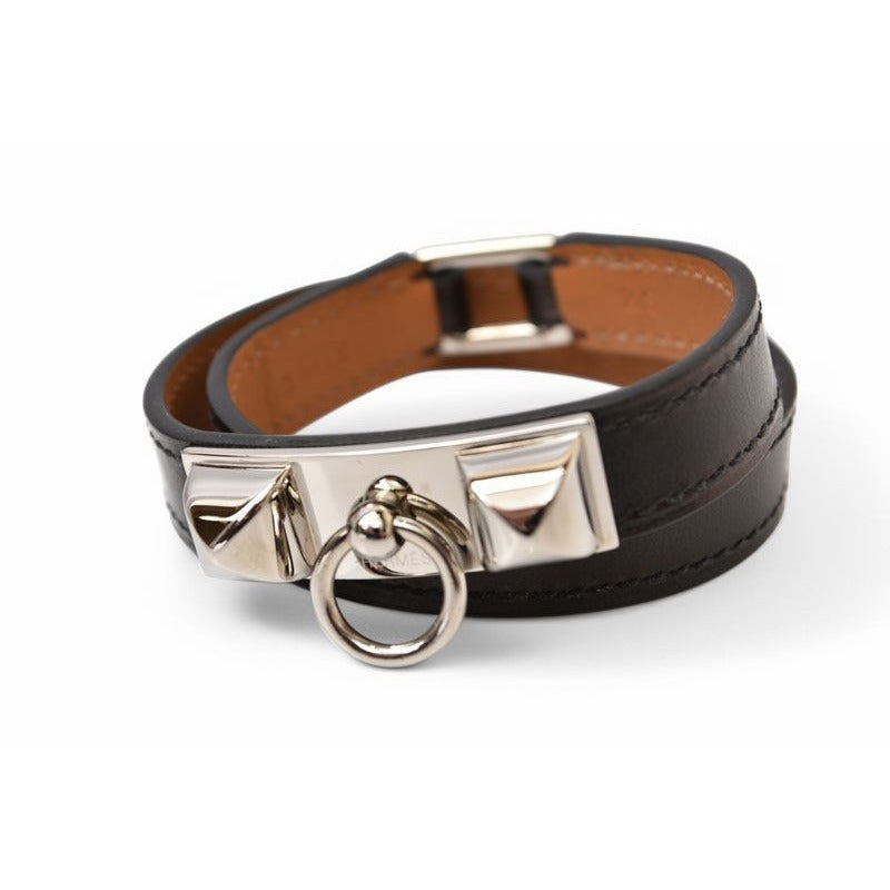 Hermes Bangle Bracelet Rival Doubletour Black Silver XS Size
