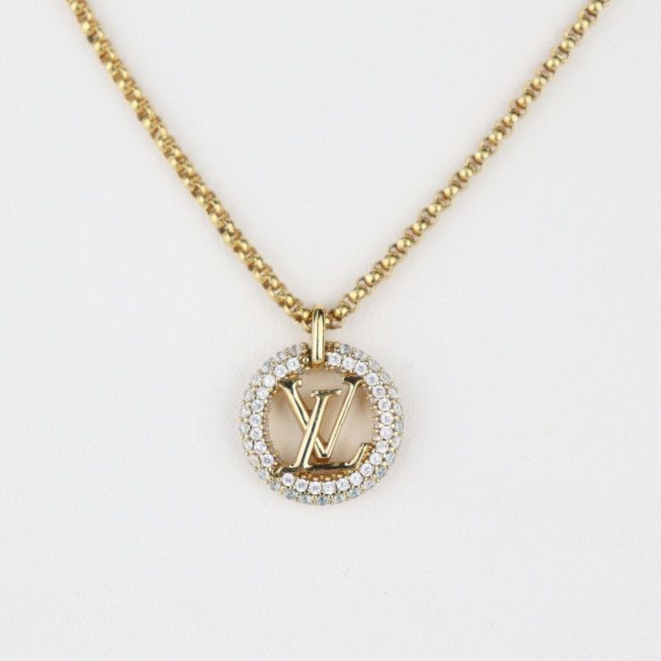 Louis Vuittone By Night Necklace Metal Rhinestone Gold Circle Pendant — view 2