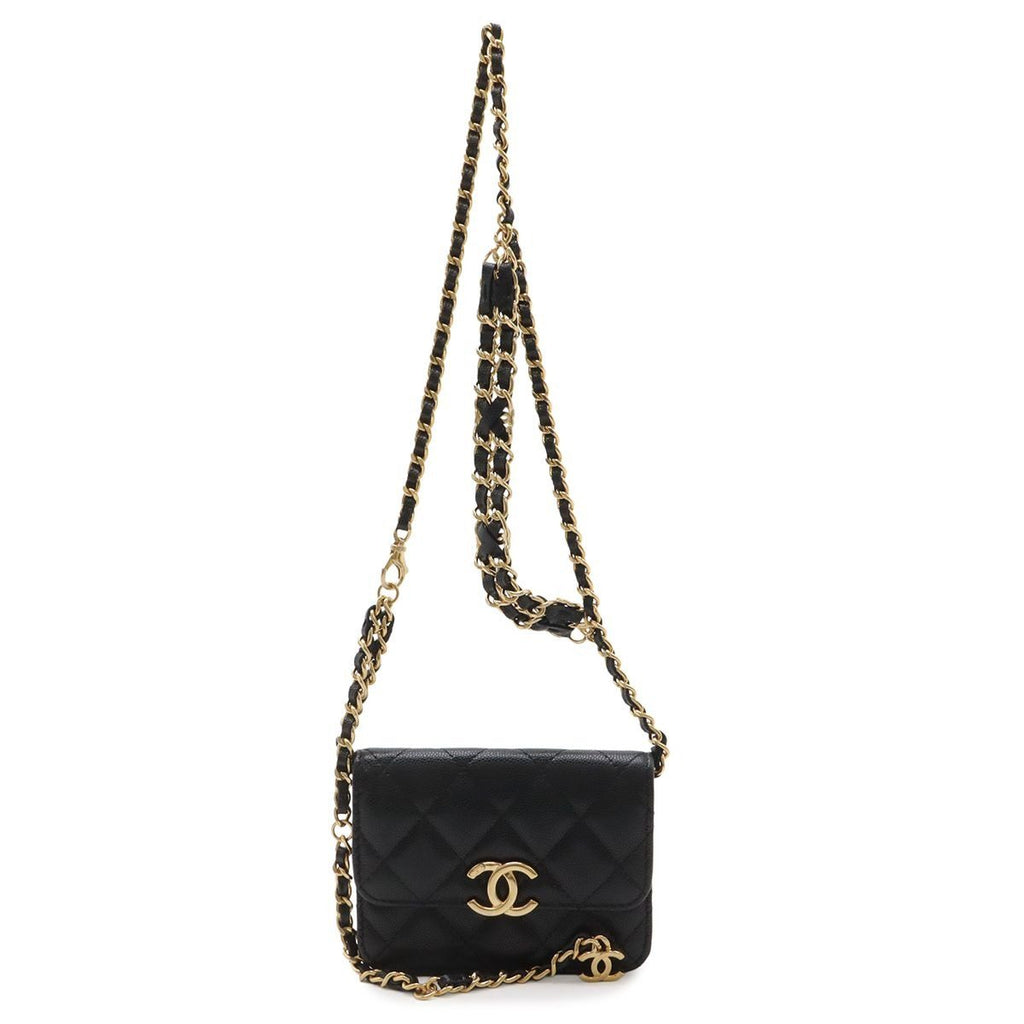 Chanel Quilted CC Logo Belt Bag Chain Pouch Caviar Leather Black Gold